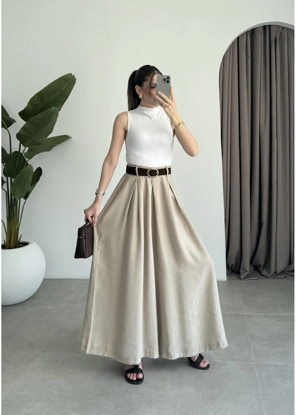 Premium Tensel Kemerli Bej Etek Pantolon