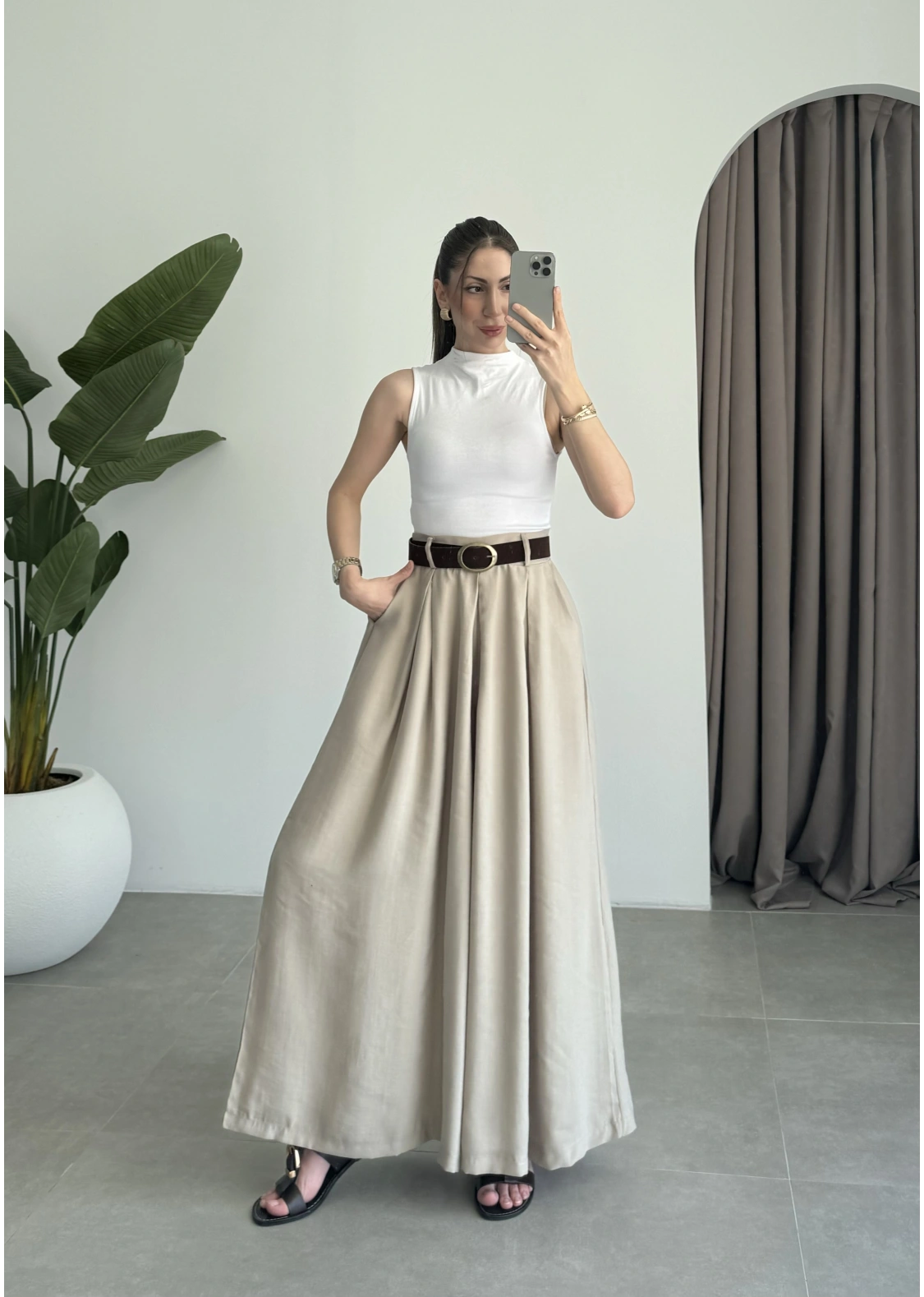 Premium Tensel Kemerli Bej Etek Pantolon