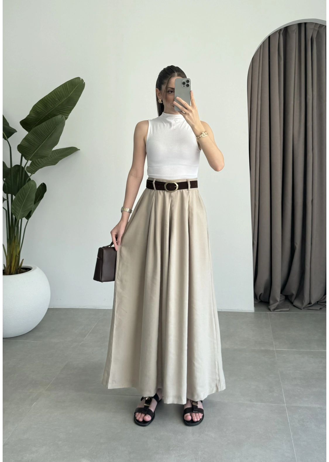 Premium Tensel Kemerli Bej Etek Pantolon