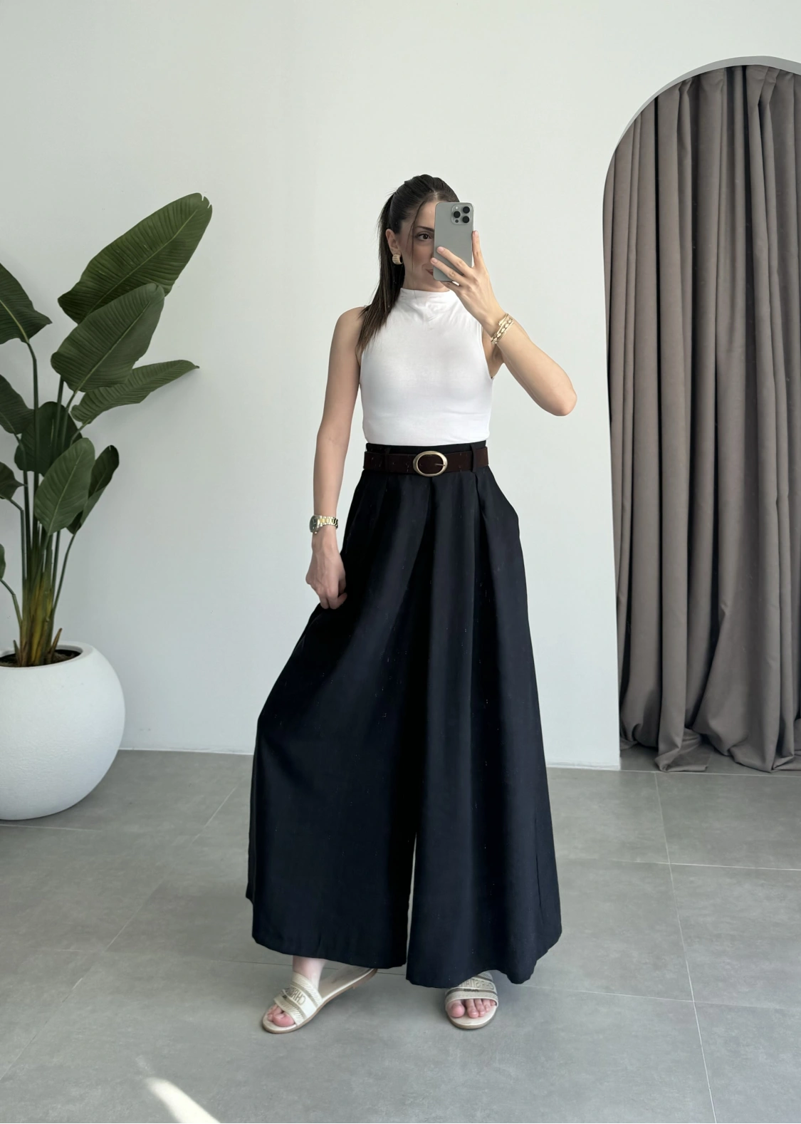 Premium Tensel Kemerli Siyah Etek Pantolon