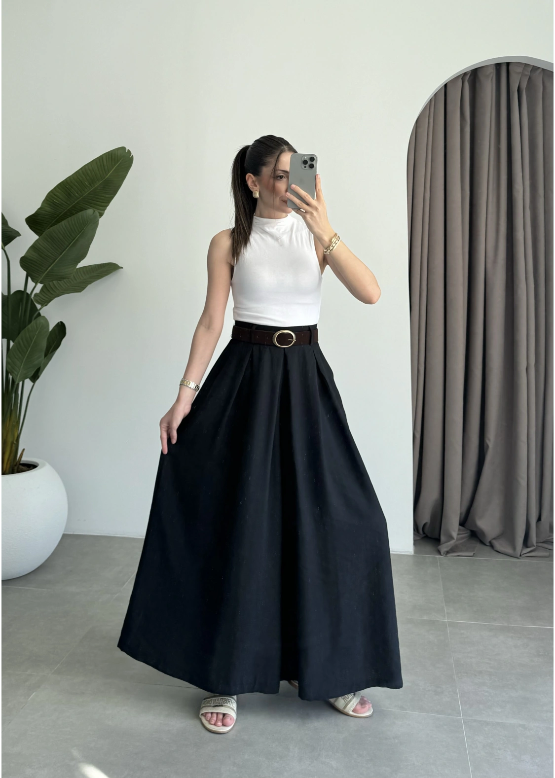 Premium Tensel Kemerli Siyah Etek Pantolon