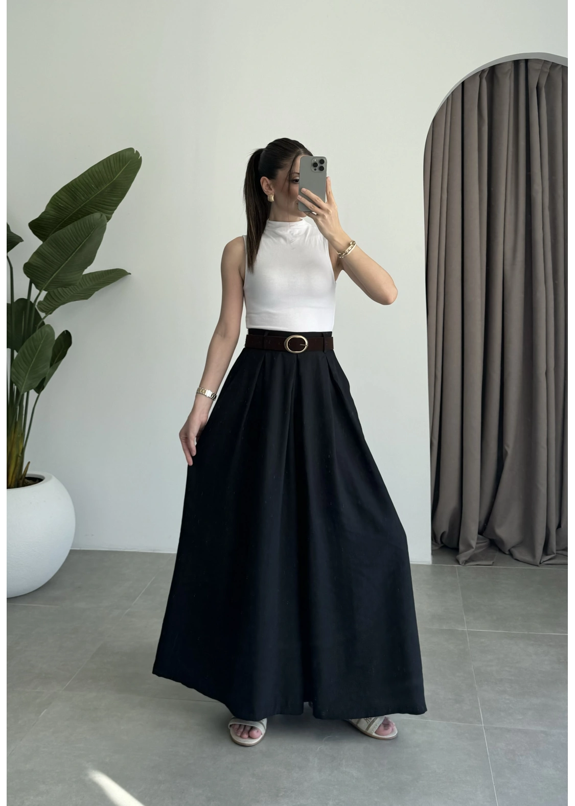 Premium Tensel Kemerli Siyah Etek Pantolon