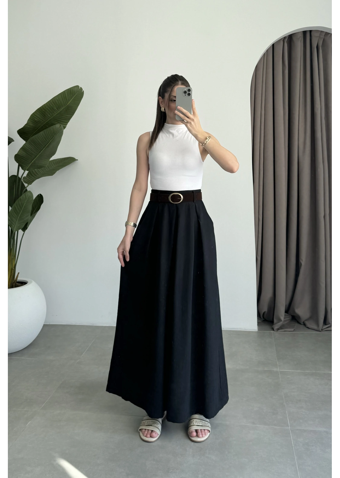 Premium Tensel Kemerli Siyah Etek Pantolon