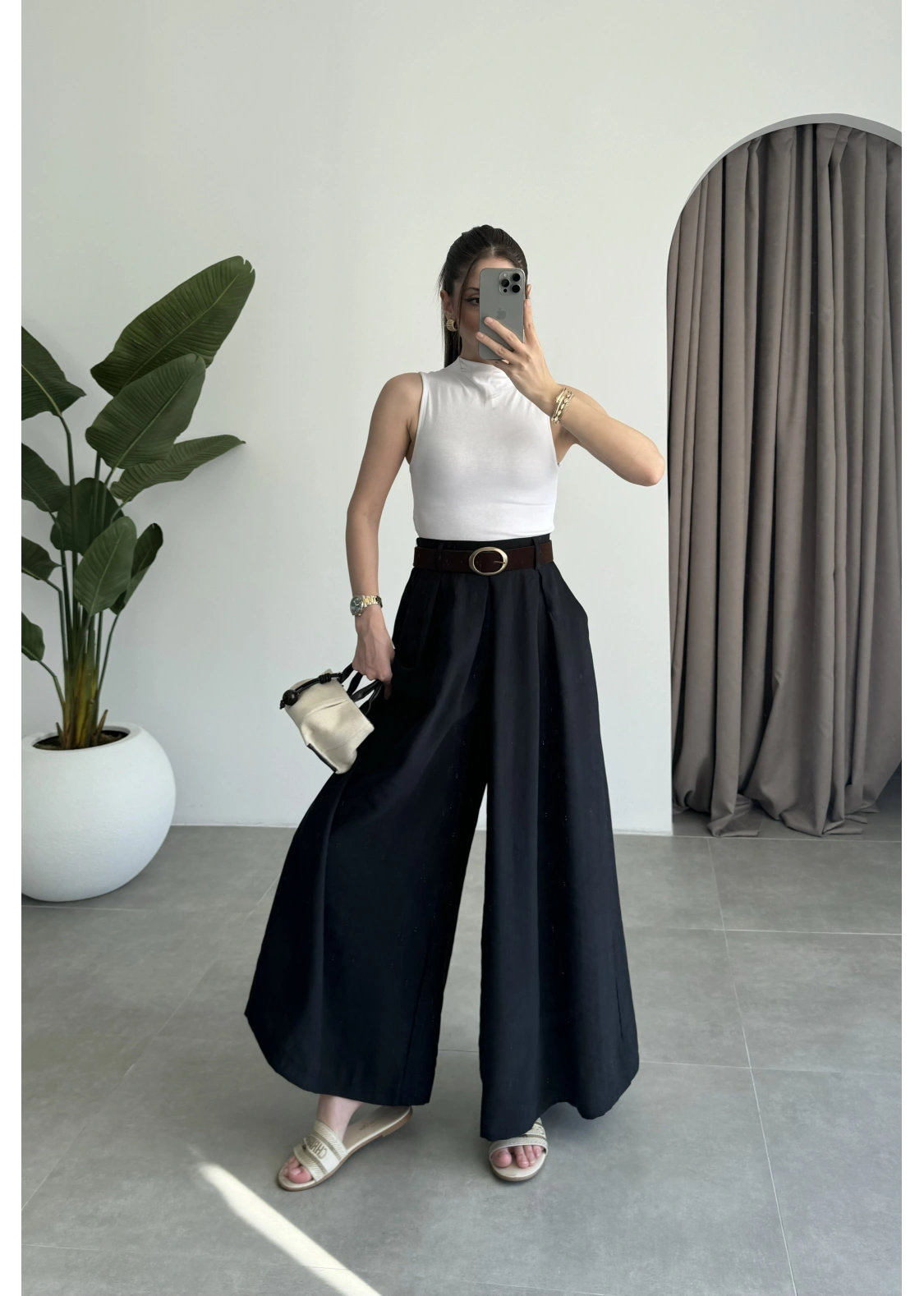 Premium Tensel Kemerli Siyah Etek Pantolon