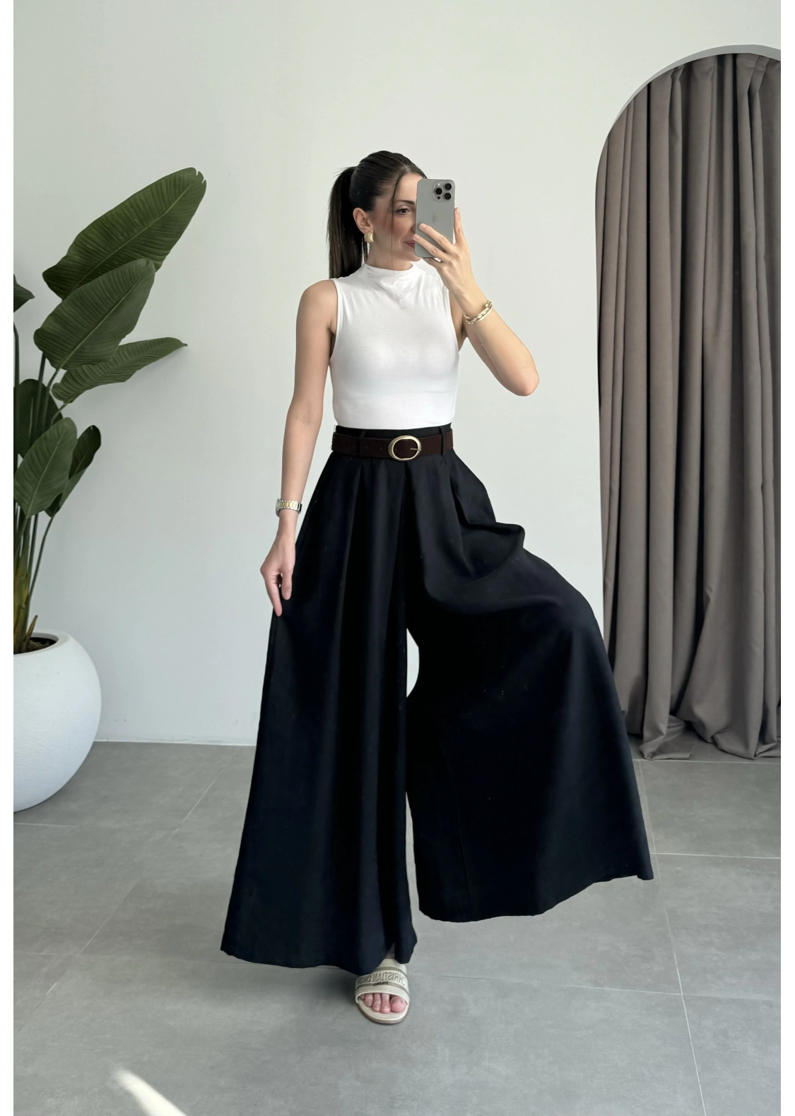 Premium Tensel Kemerli Siyah Etek Pantolon