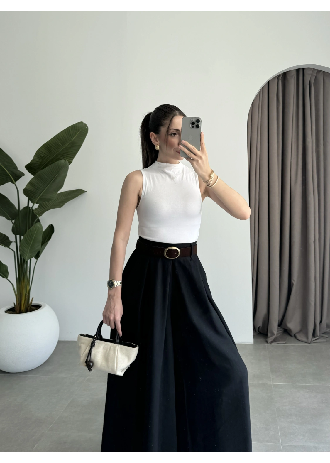 Premium Tensel Kemerli Siyah Etek Pantolon