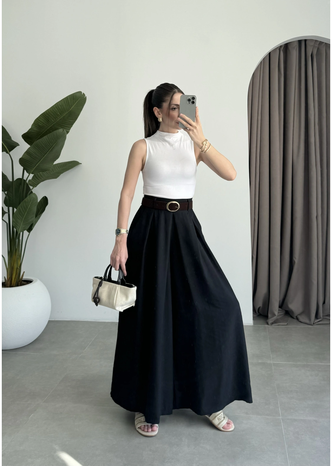 Premium Tensel Kemerli Siyah Etek Pantolon