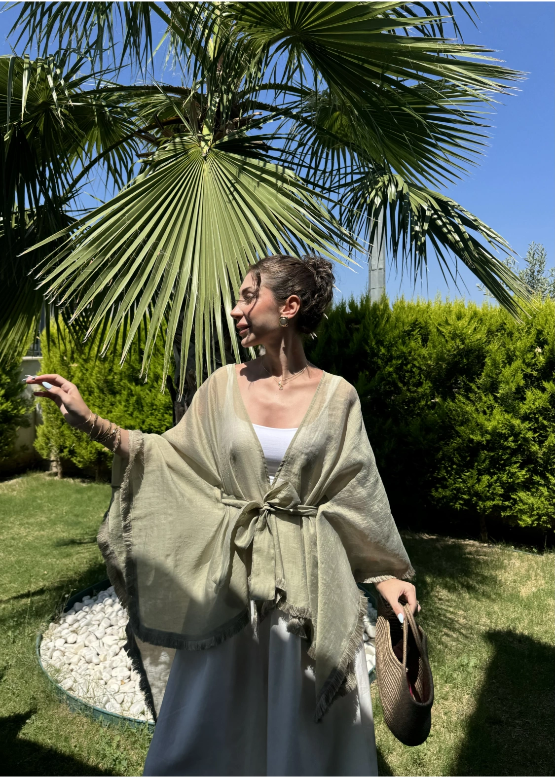 Püsküllü Kuşaklı Adaçayı Yeşili Kimono