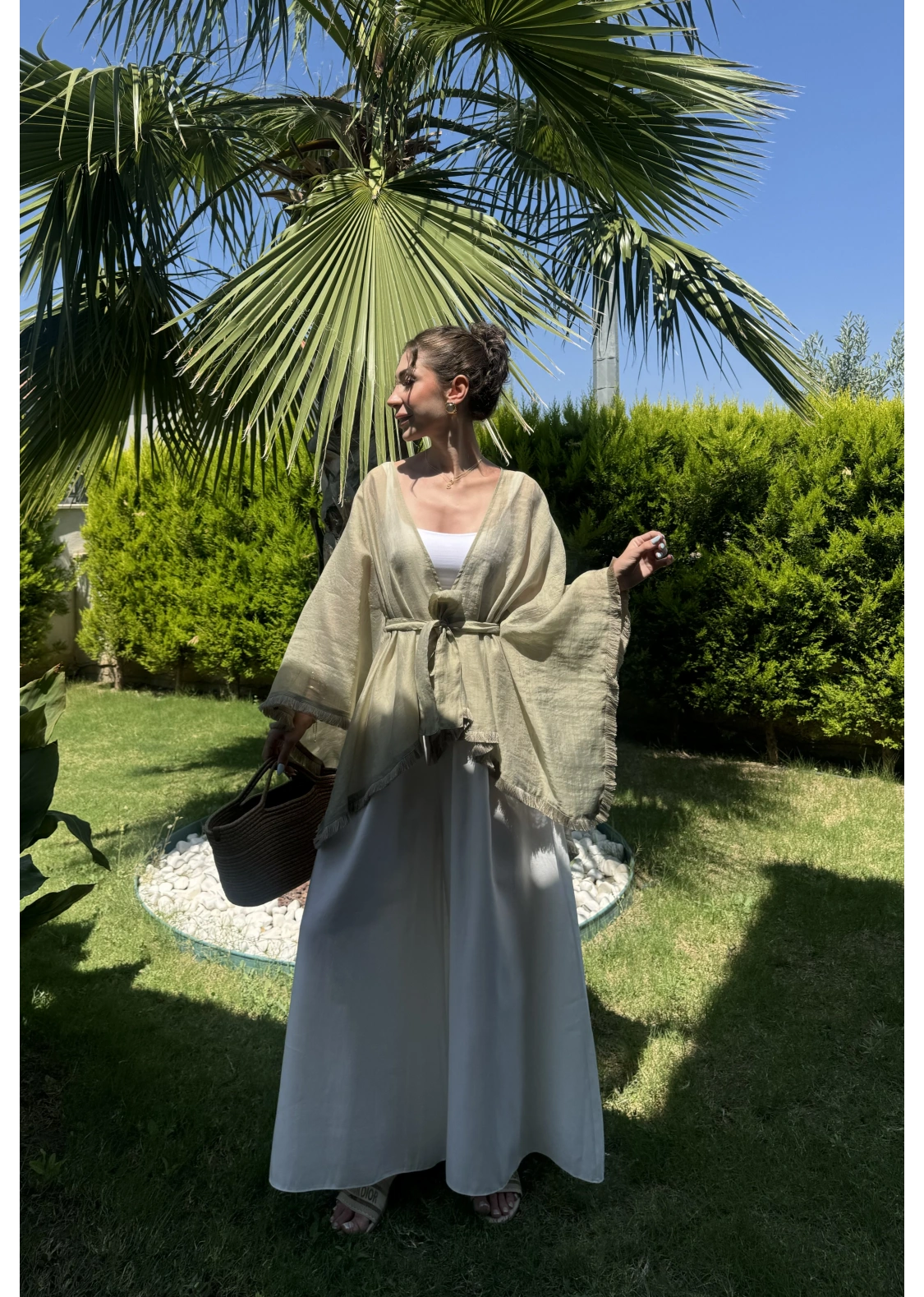 Püsküllü Kuşaklı Adaçayı Yeşili Kimono