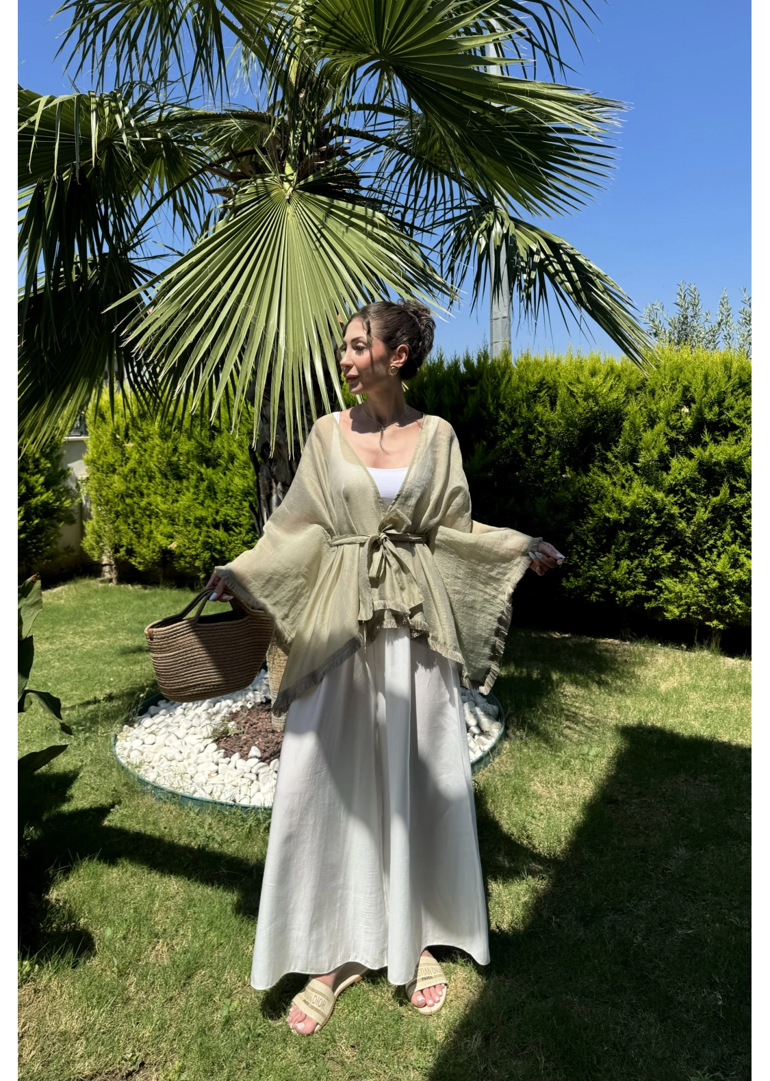 Püsküllü Kuşaklı Adaçayı Yeşili Kimono