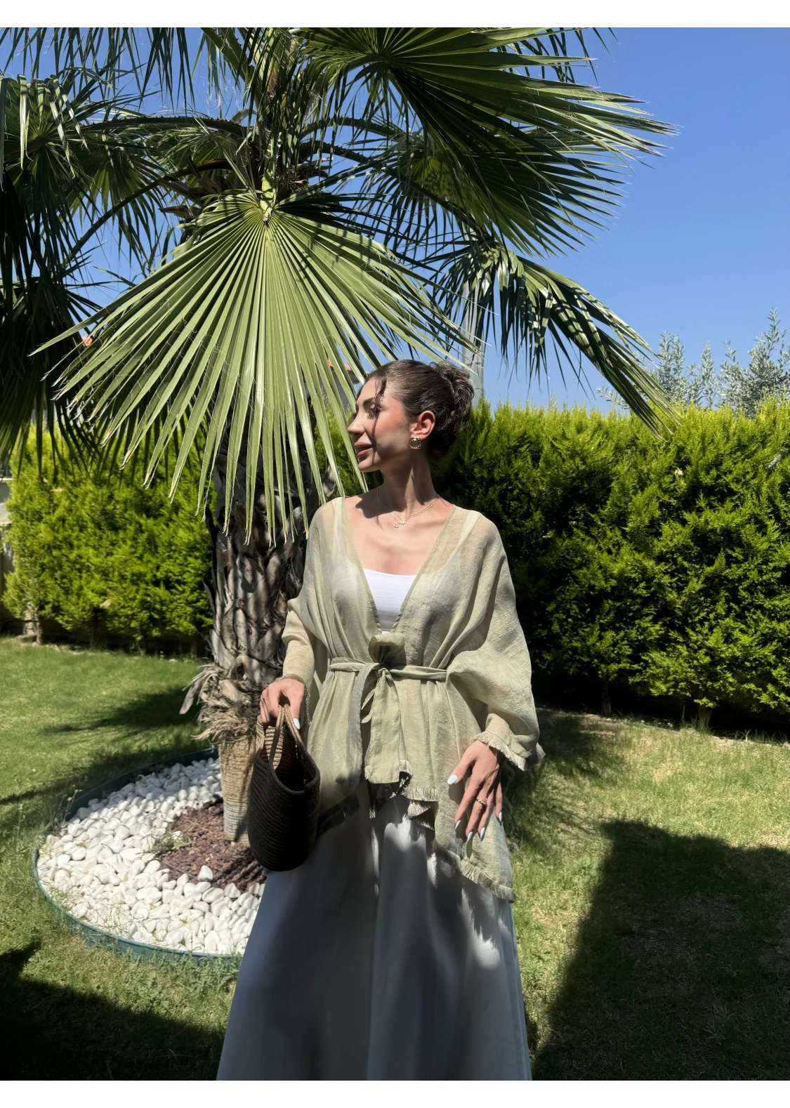 Püsküllü Kuşaklı Adaçayı Yeşili Kimono