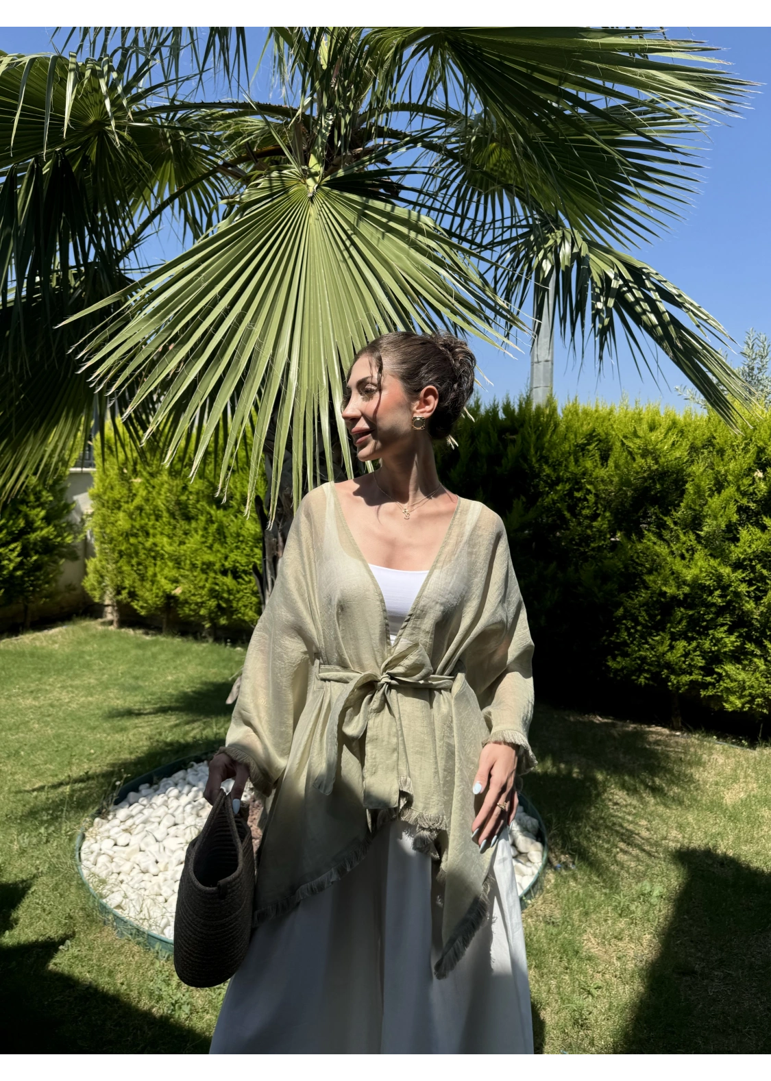 Püsküllü Kuşaklı Adaçayı Yeşili Kimono