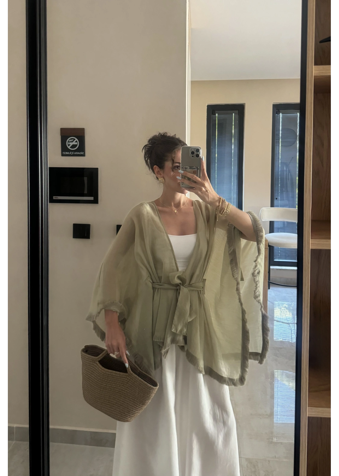 Püsküllü Kuşaklı Adaçayı Yeşili Kimono