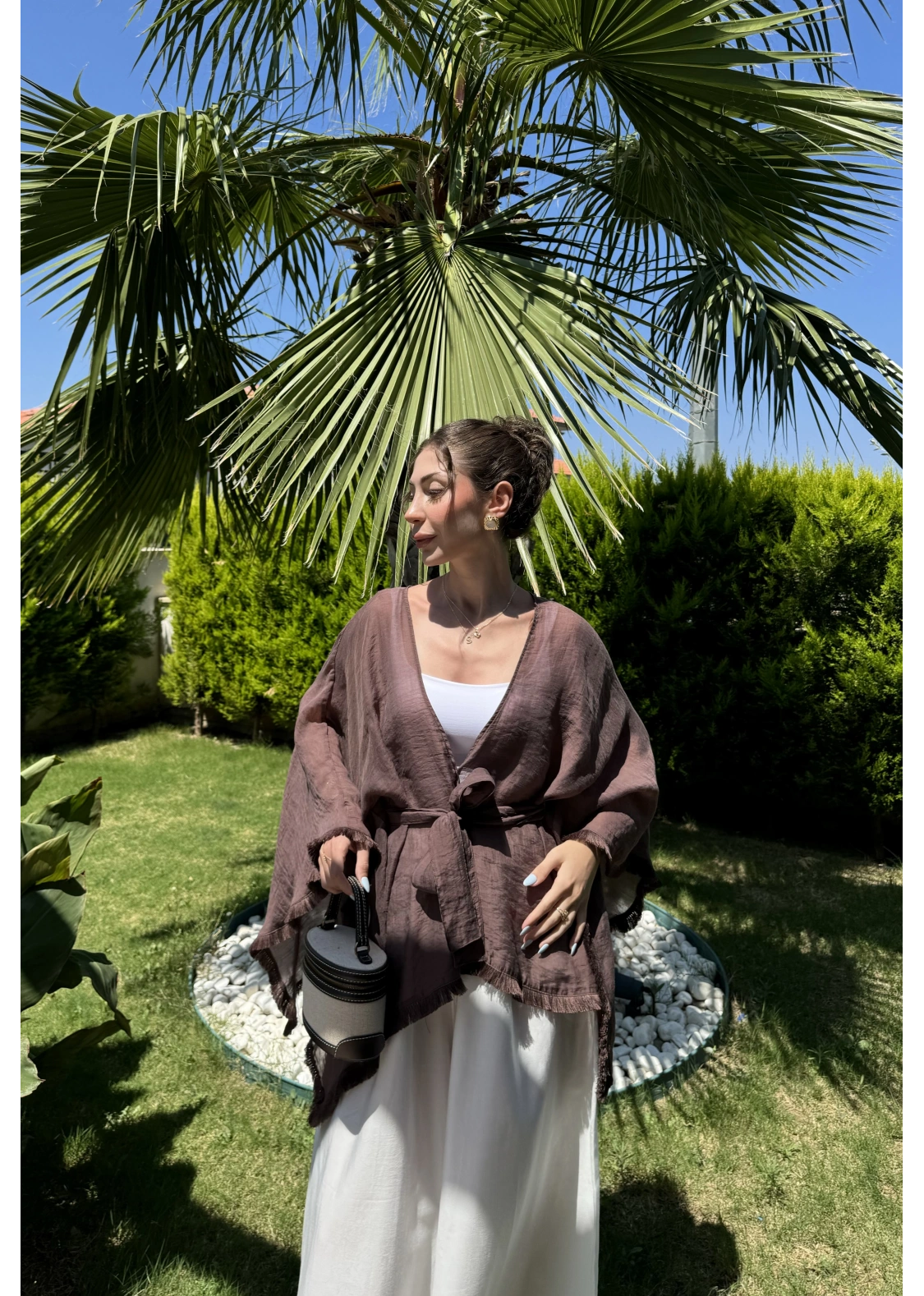 Püsküllü Kuşaklı Kahve Kimono