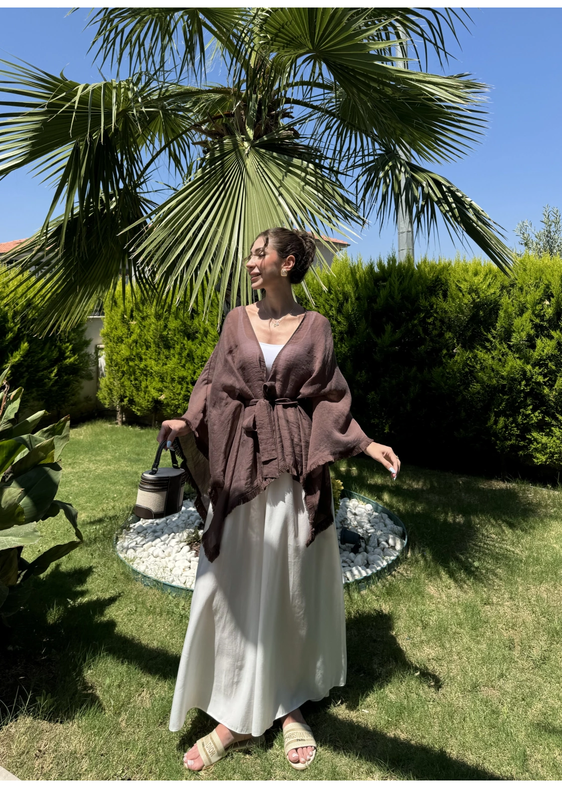 Püsküllü Kuşaklı Kahve Kimono