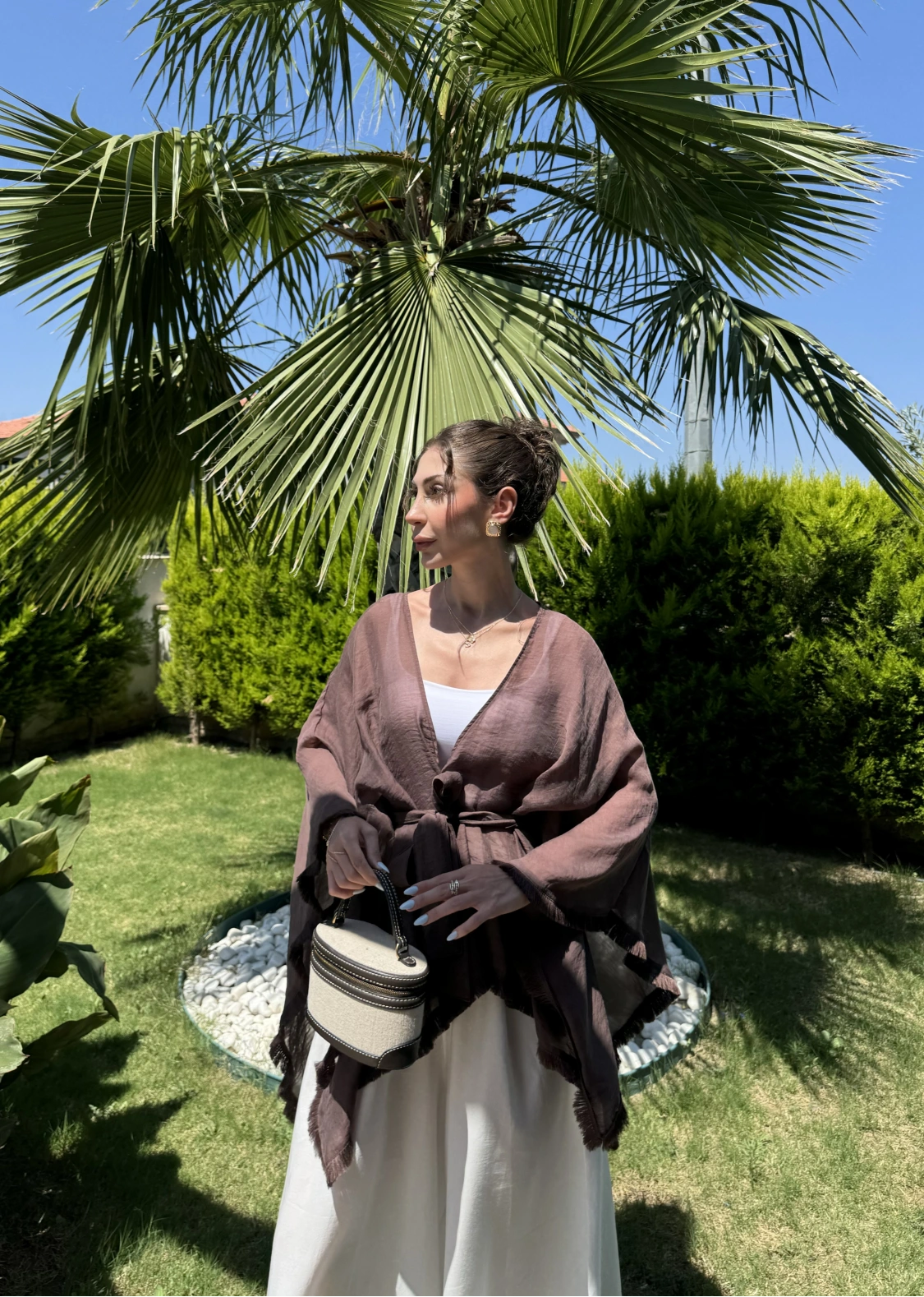 Püsküllü Kuşaklı Kahve Kimono