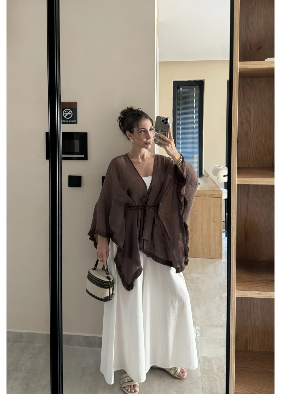 Püsküllü Kuşaklı Kahve Kimono