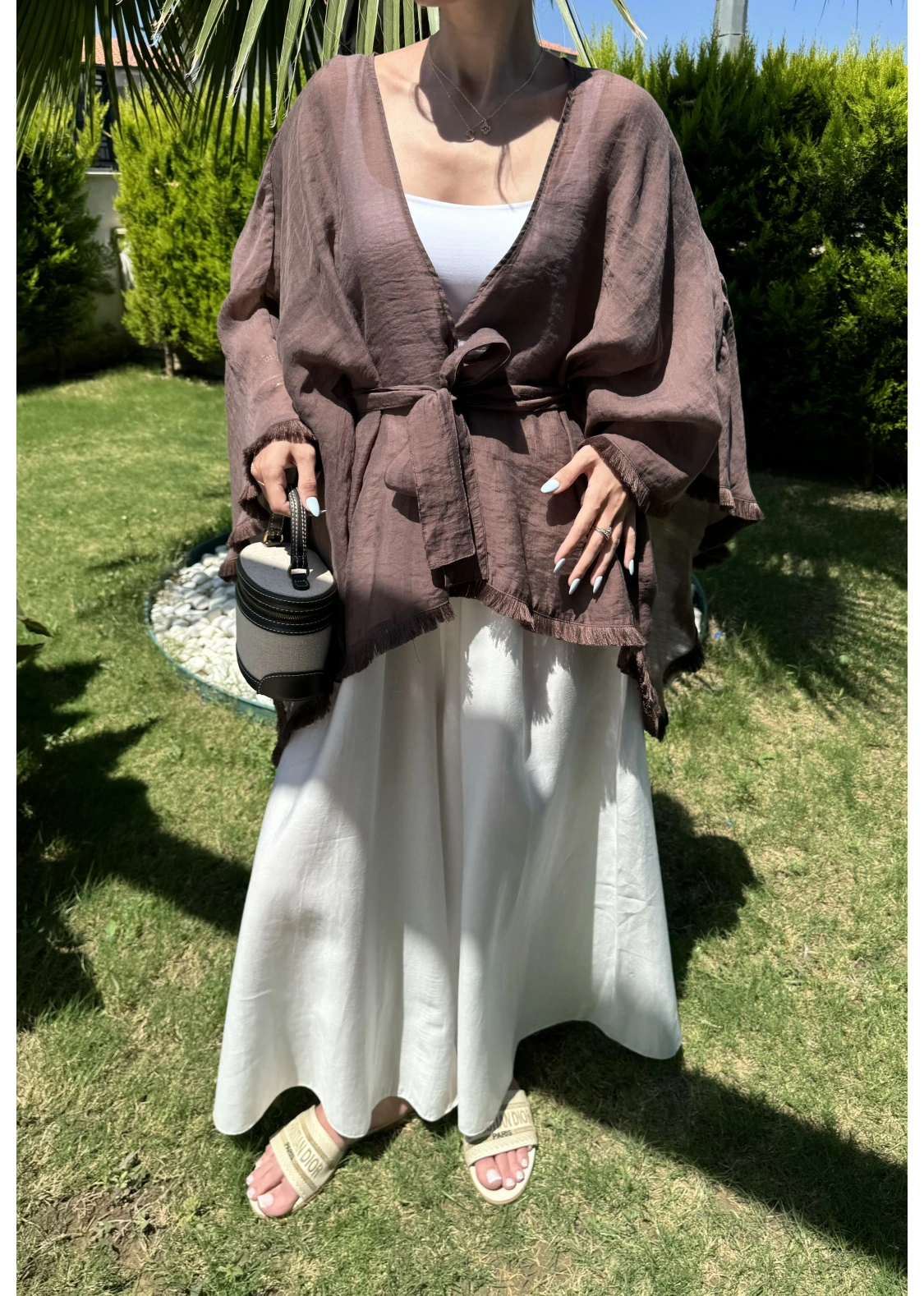 Püsküllü Kuşaklı Kahve Kimono