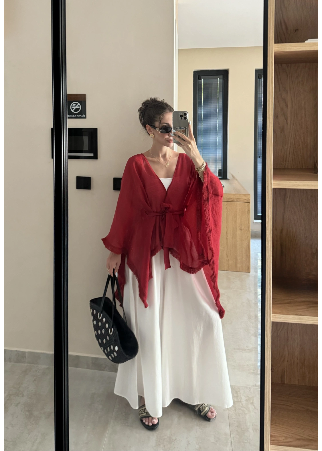 Püsküllü Kuşaklı Kırmızı Kimono