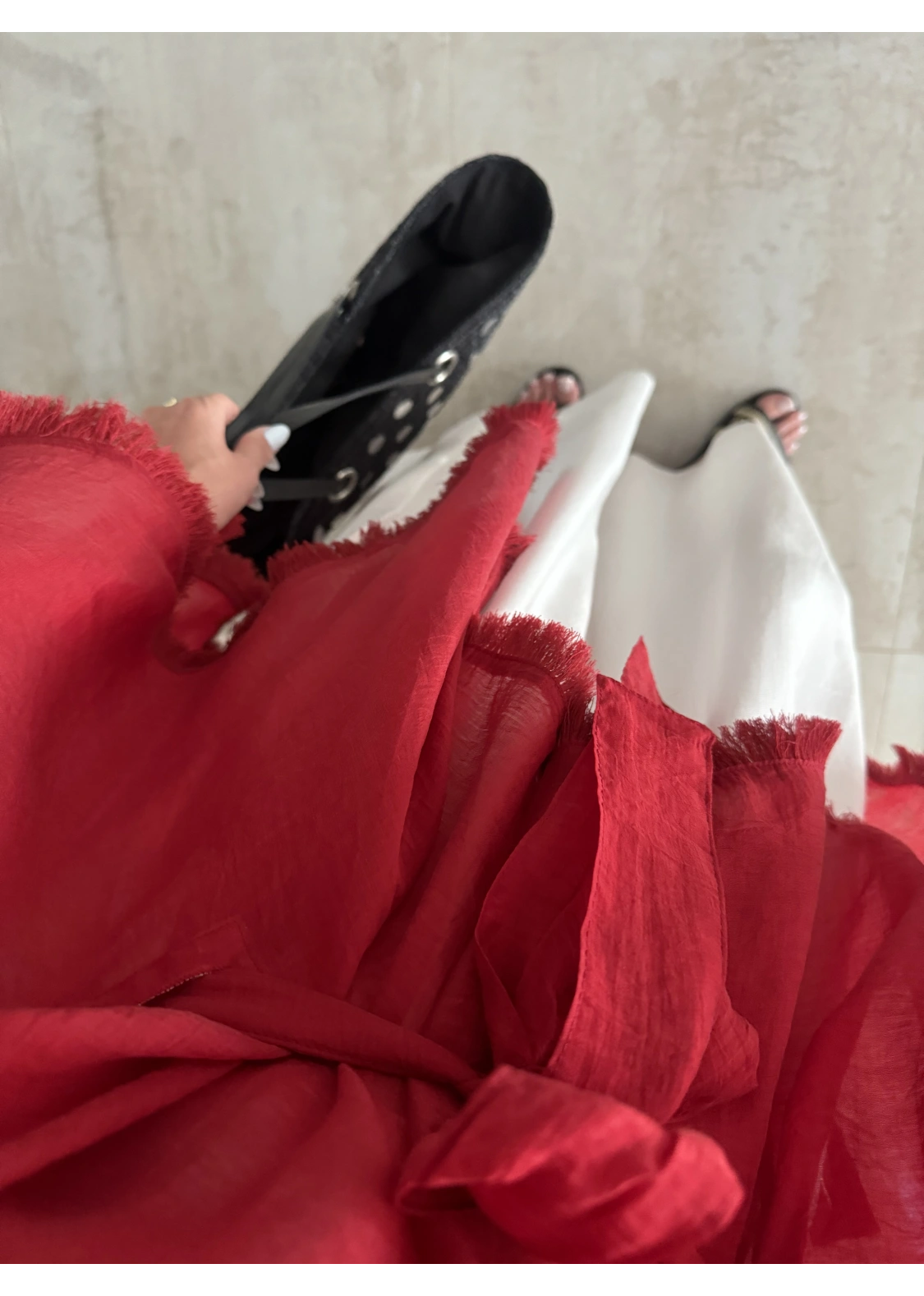 Püsküllü Kuşaklı Kırmızı Kimono