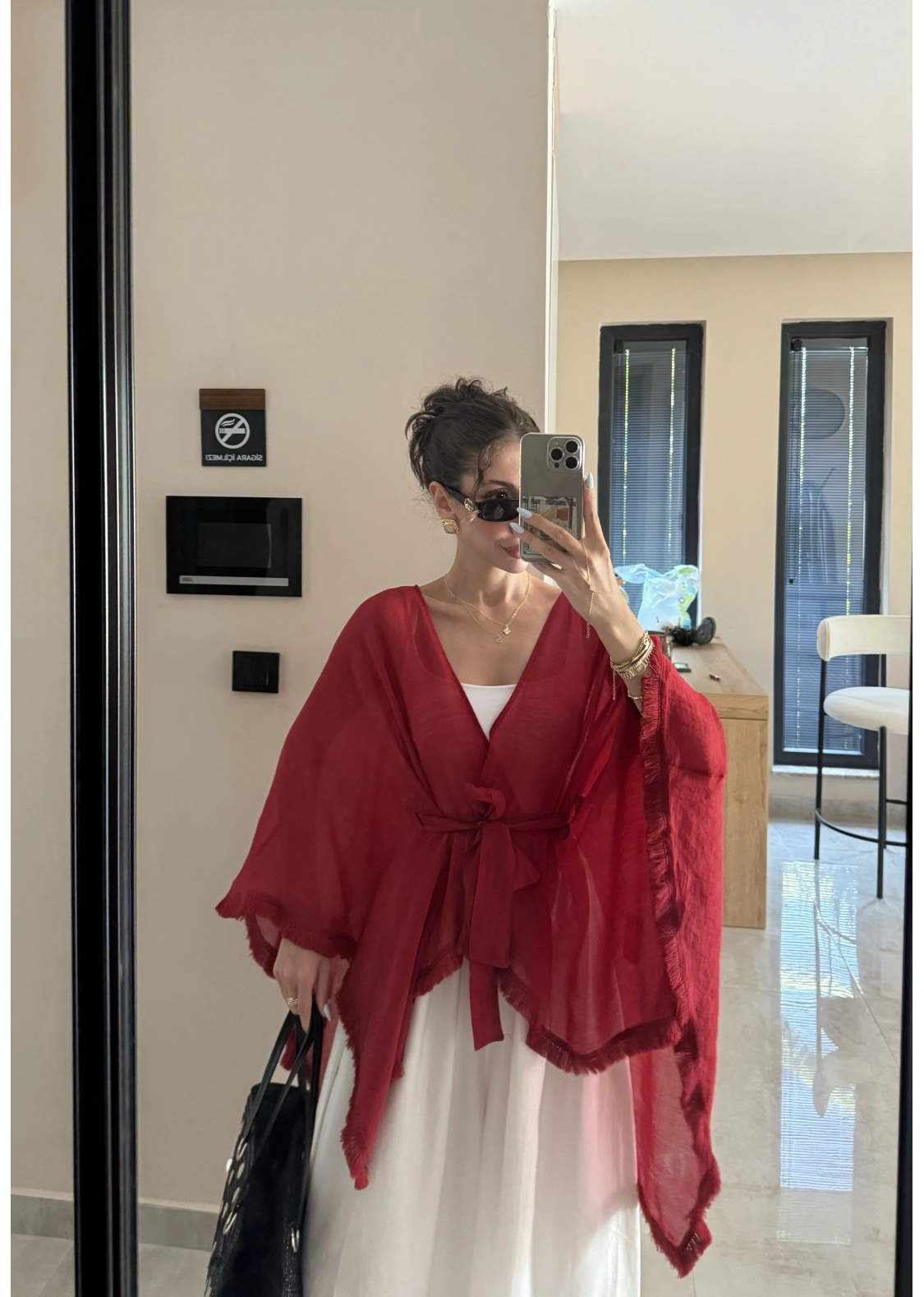 Püsküllü Kuşaklı Kırmızı Kimono
