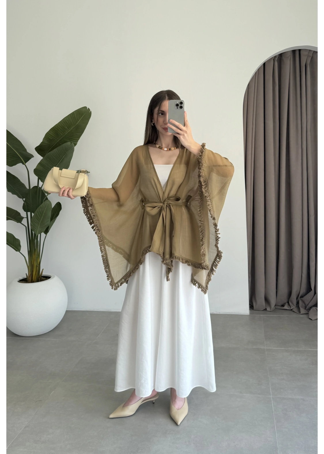 Püsküllü Kuşaklı Olive Kimono