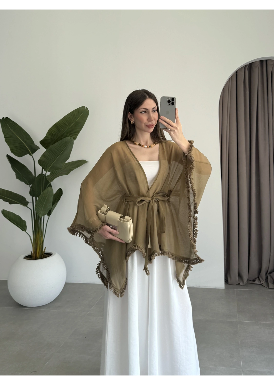 Püsküllü Kuşaklı Olive Kimono