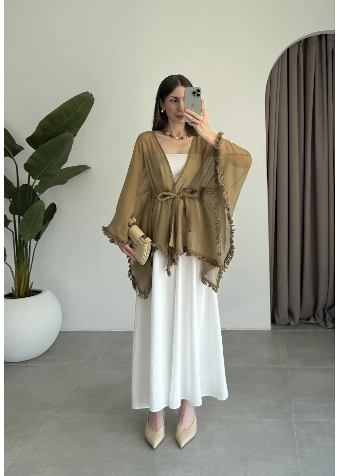 Püsküllü Kuşaklı Olive Kimono