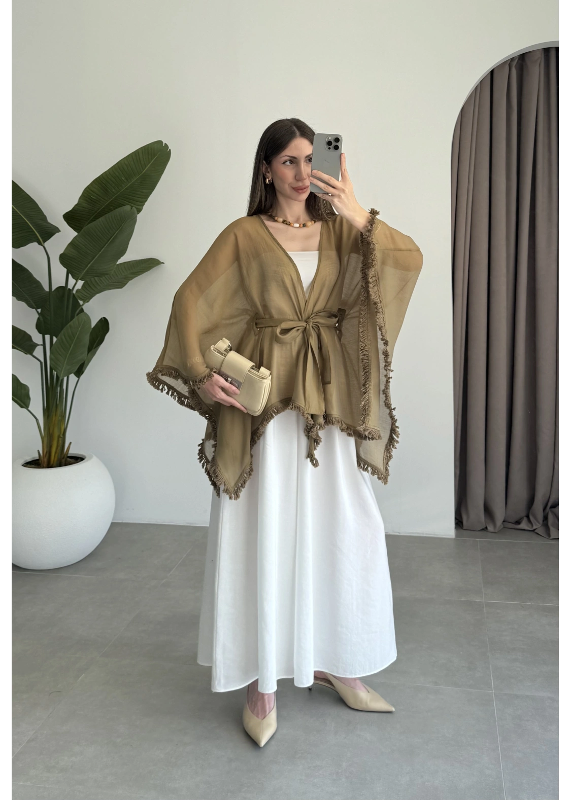 Püsküllü Kuşaklı Olive Kimono