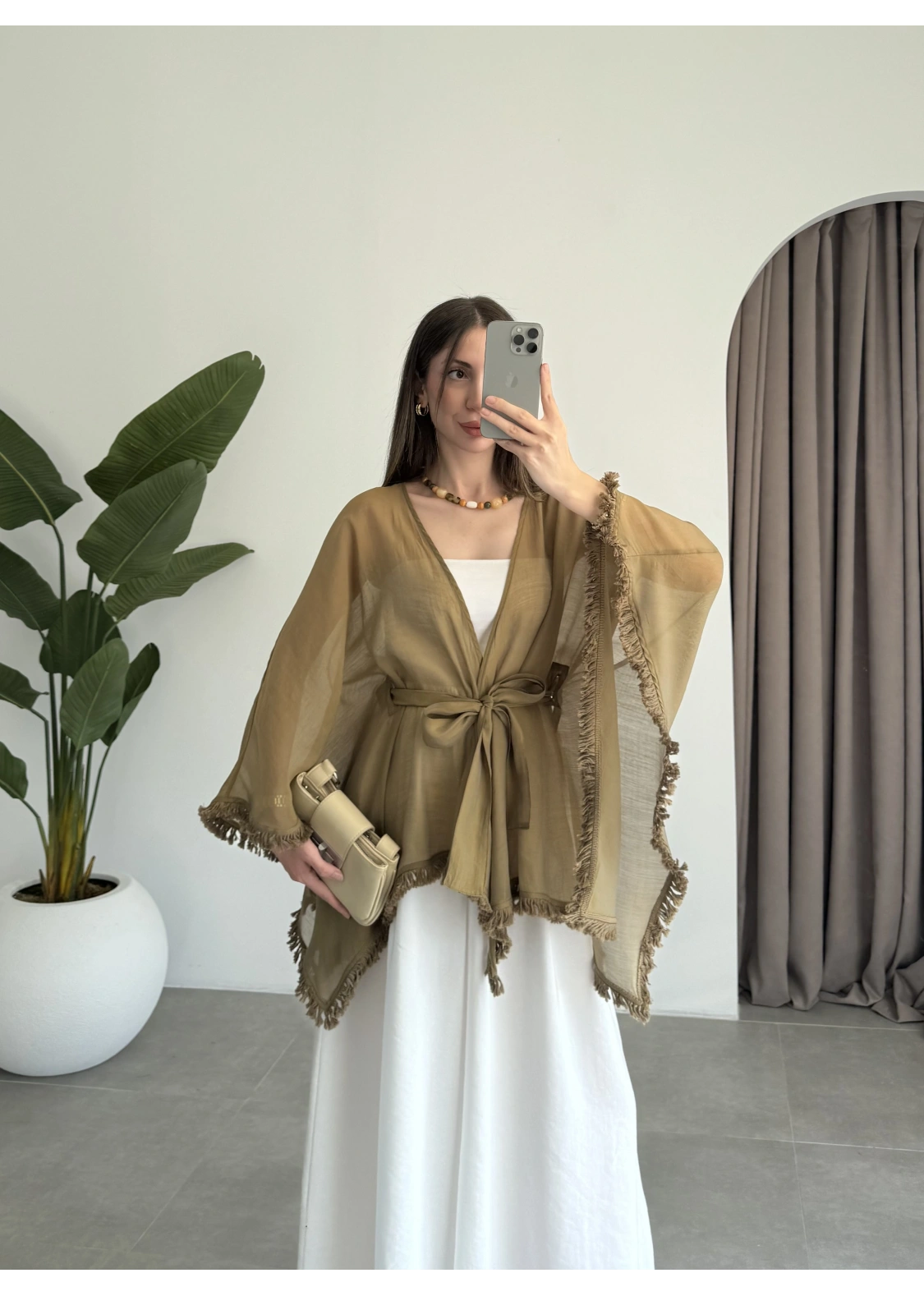 Püsküllü Kuşaklı Olive Kimono