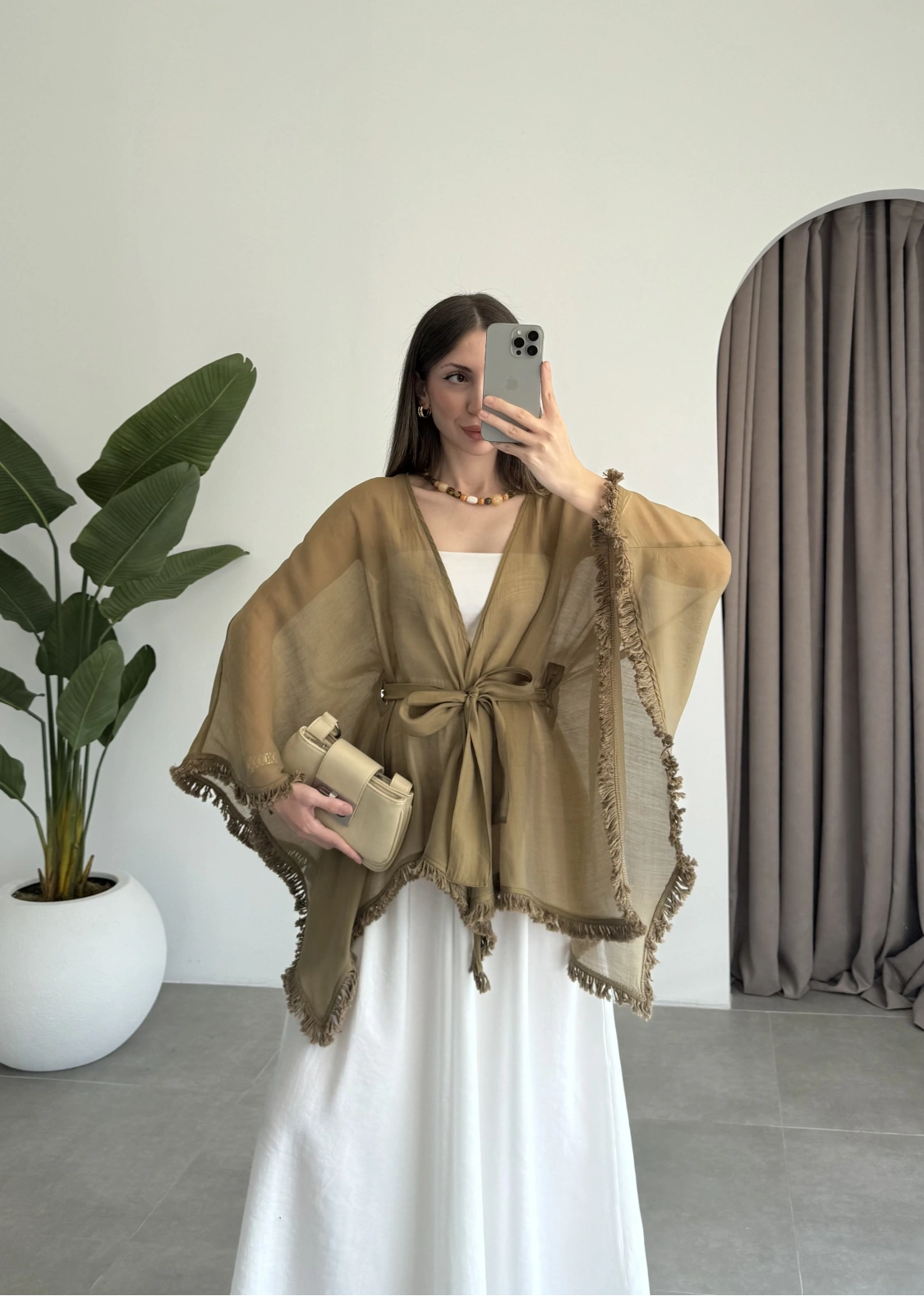 Püsküllü Kuşaklı Olive Kimono