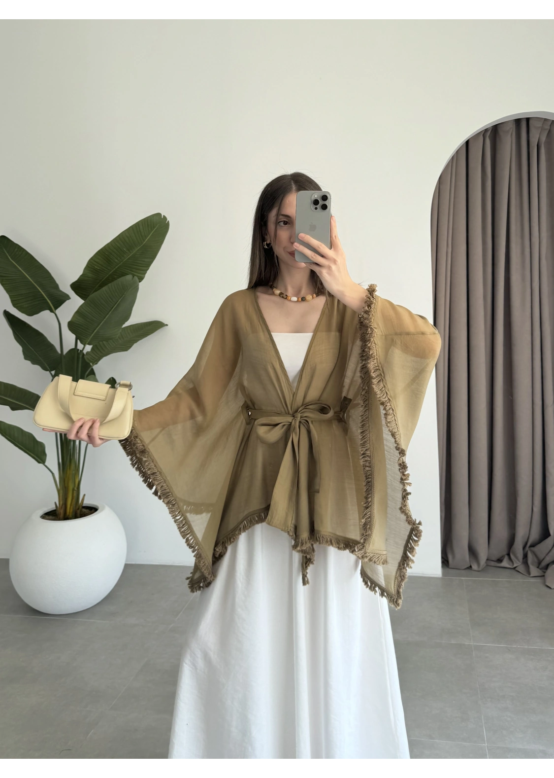 Püsküllü Kuşaklı Olive Kimono