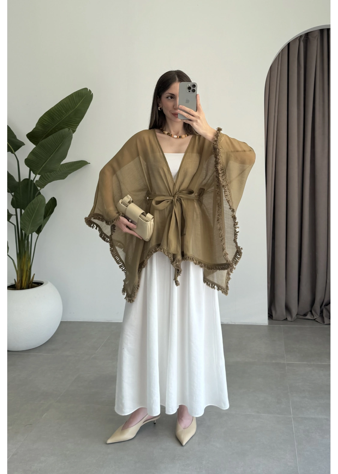 Püsküllü Kuşaklı Olive Kimono