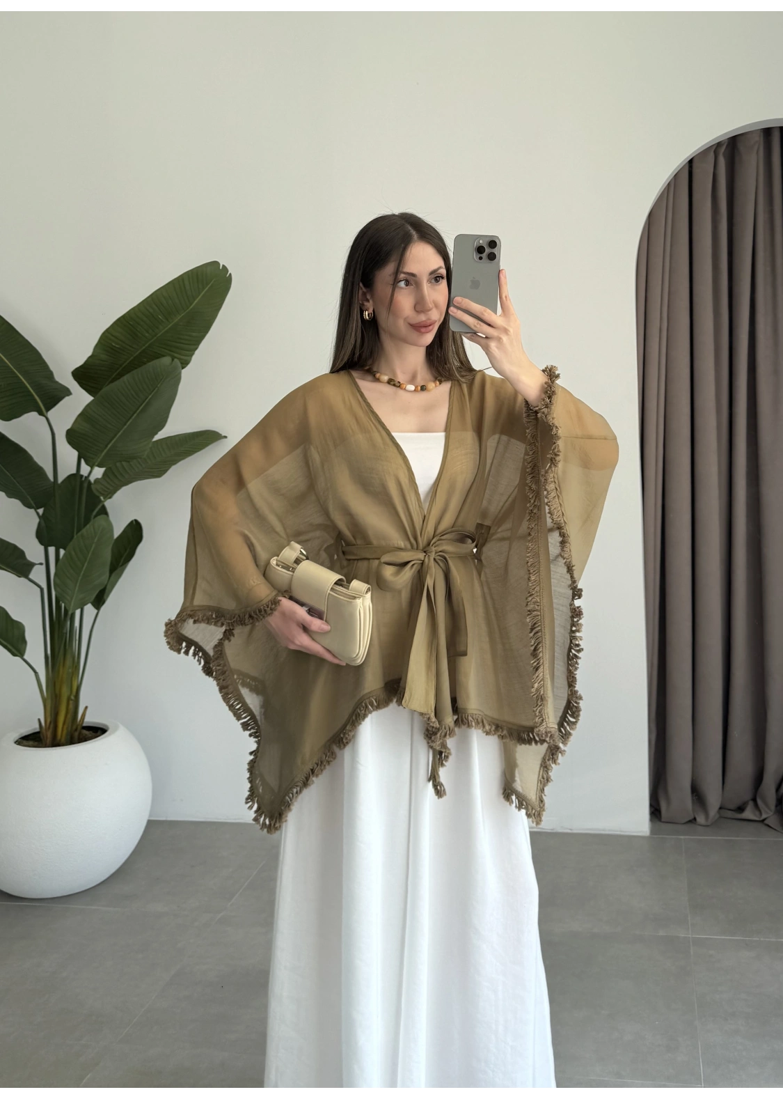 Püsküllü Kuşaklı Olive Kimono