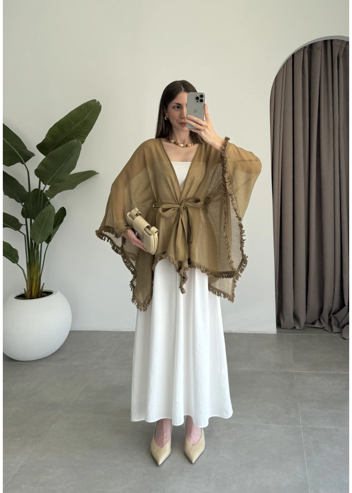 Püsküllü Kuşaklı Olive Kimono