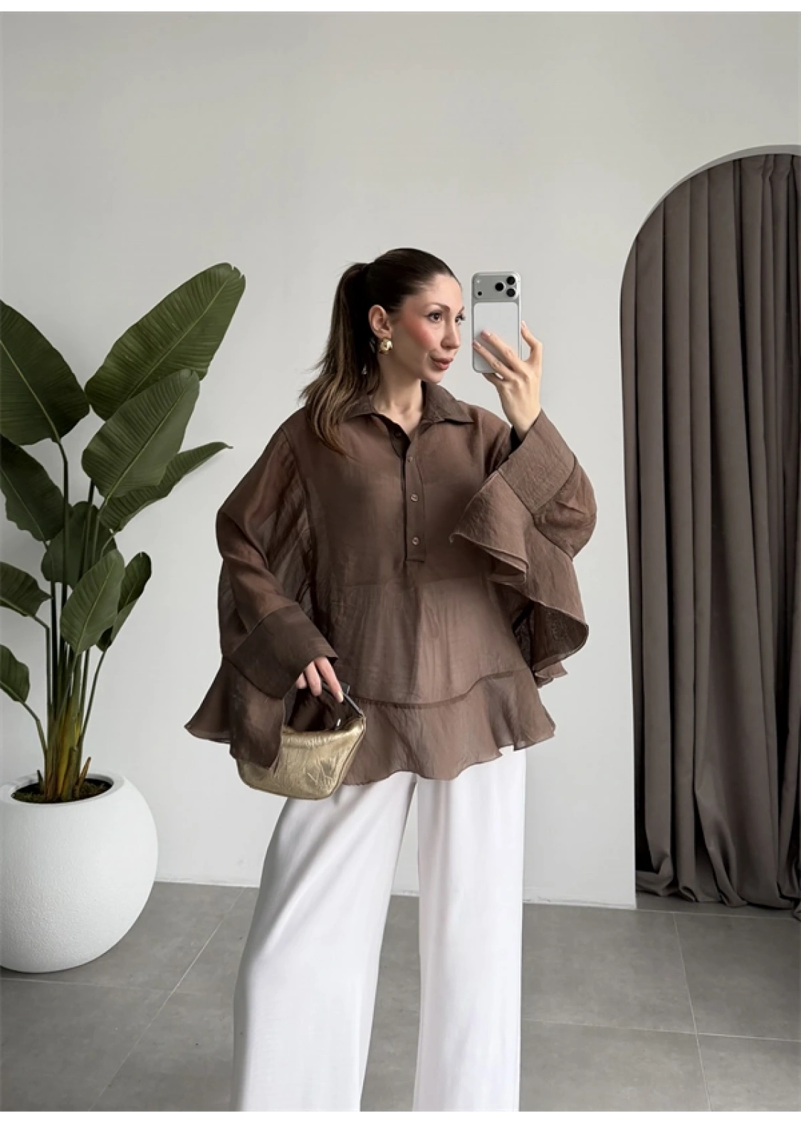 Rima Oversize Kahve Gömlek Bluz