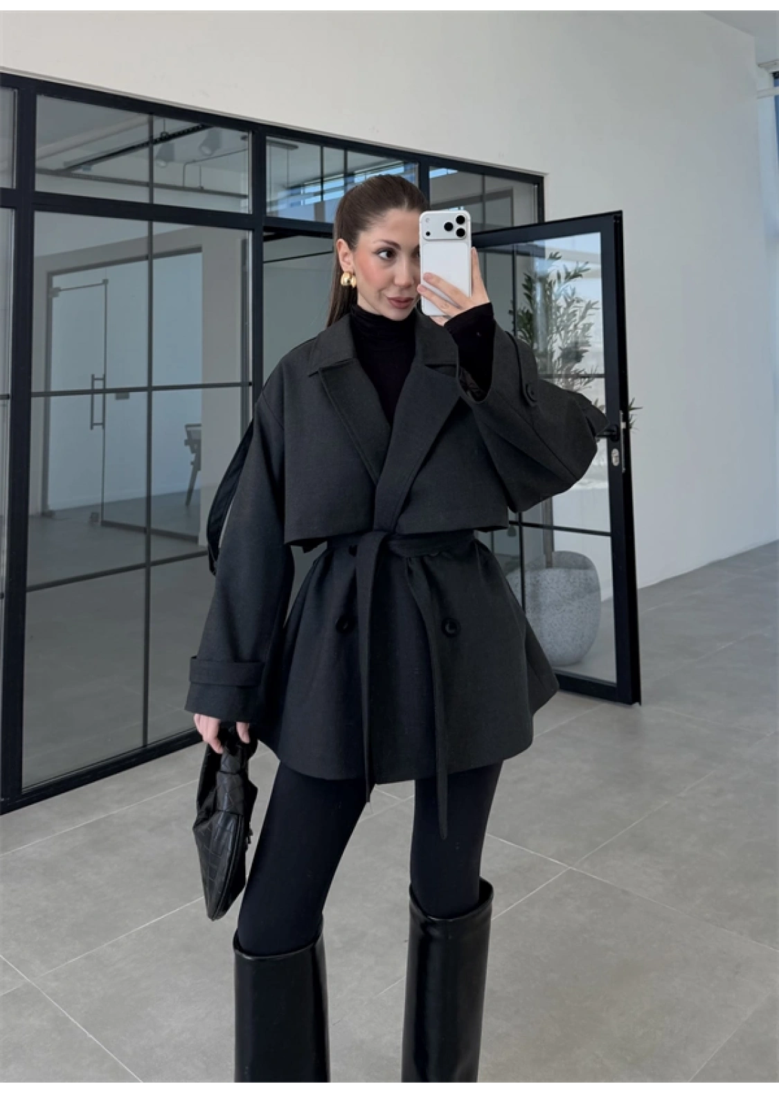 Rose Oversize Kuşaklı Antrasit Trençkot