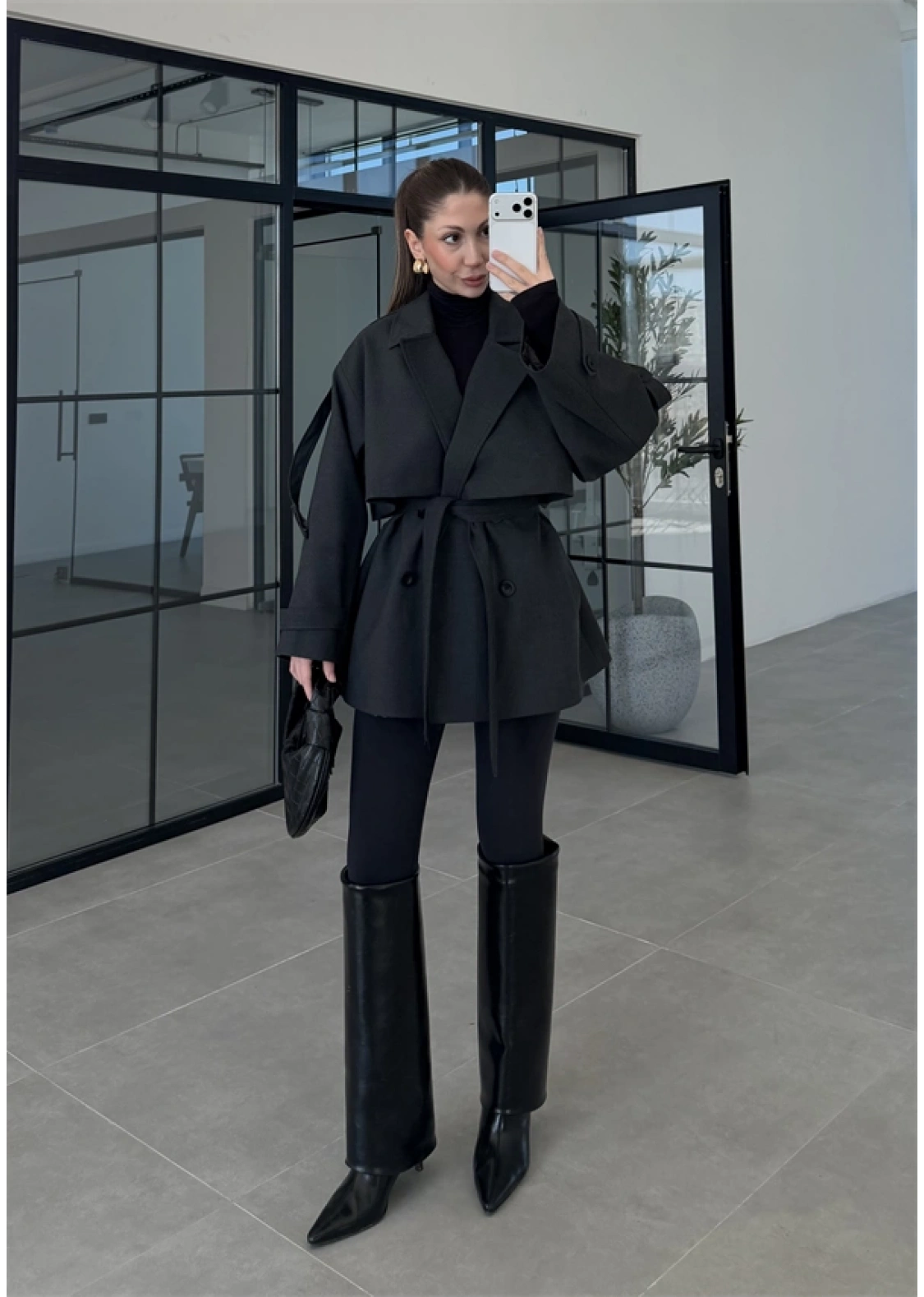 Rose Oversize Kuşaklı Antrasit Trençkot