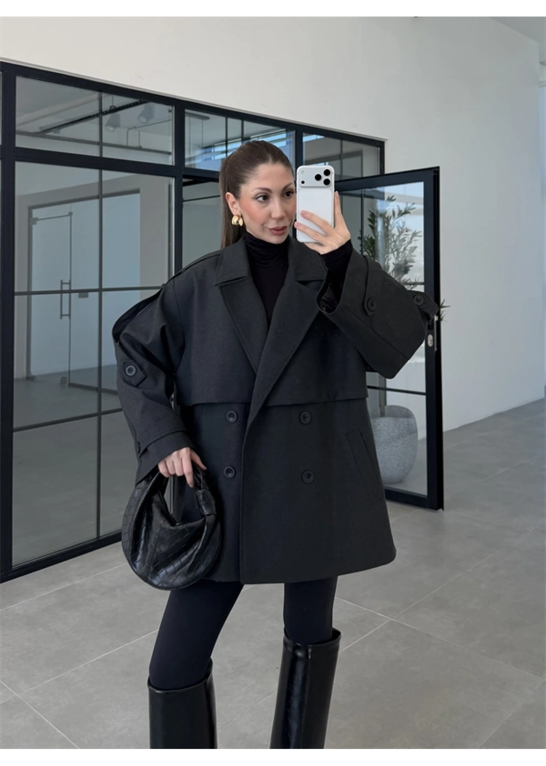 Rose Oversize Kuşaklı Antrasit Trençkot