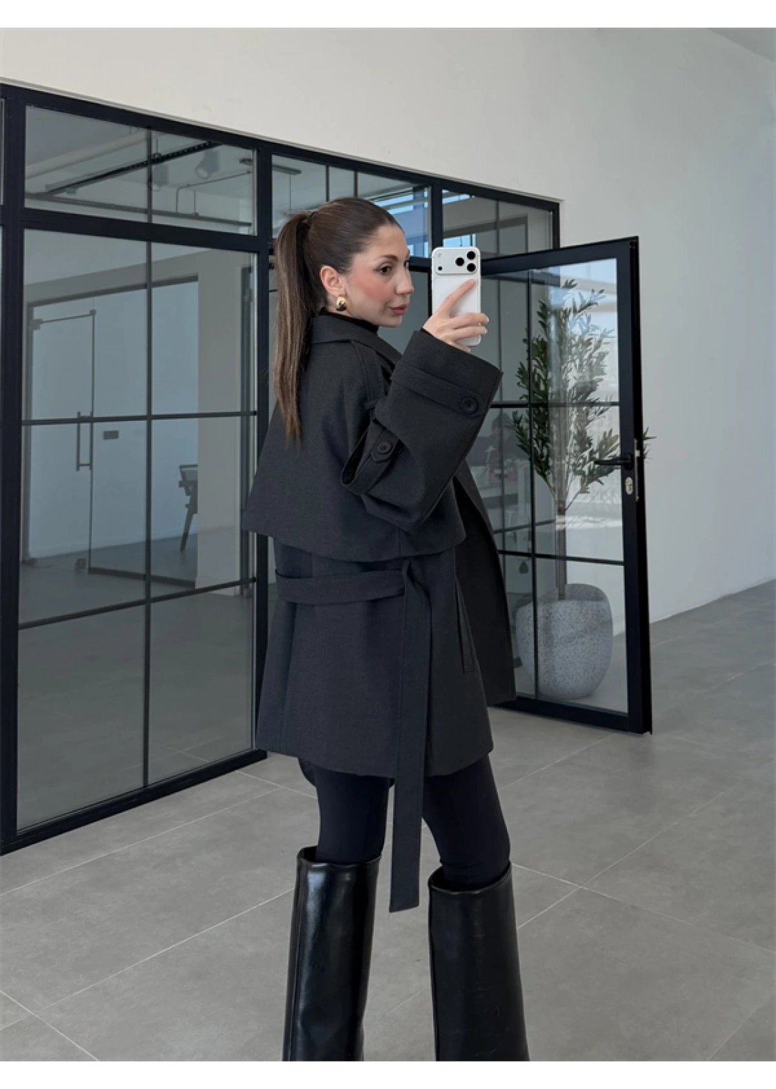 Rose Oversize Kuşaklı Antrasit Trençkot