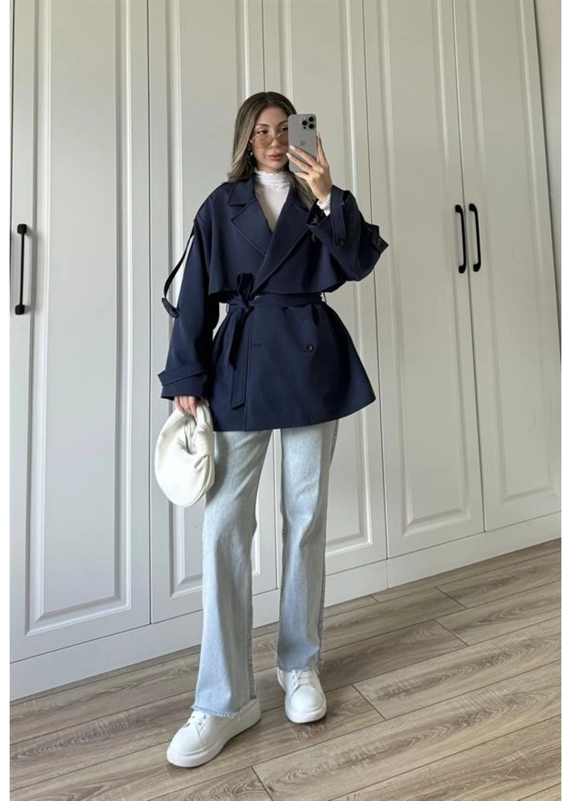 Rose Oversize Kuşaklı Lacivert Trençkot