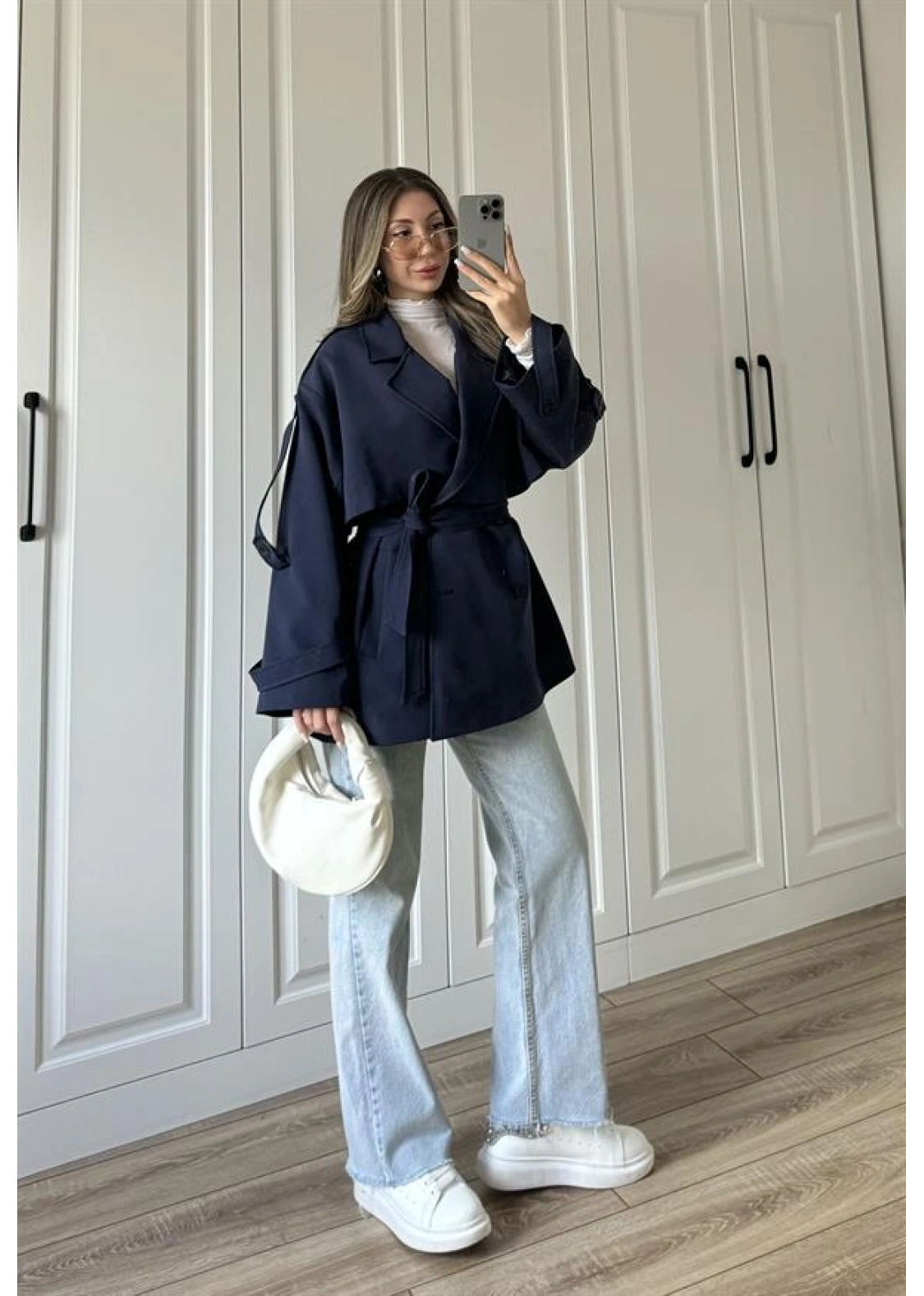 Rose Oversize Kuşaklı Lacivert Trençkot