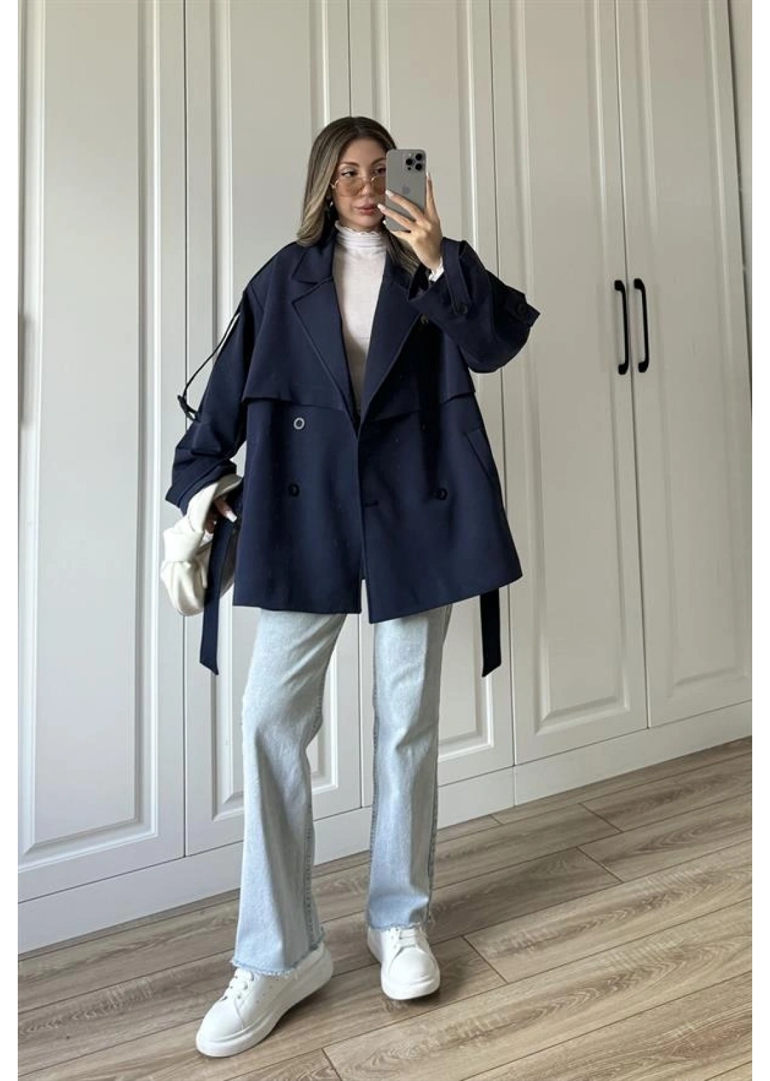 Rose Oversize Kuşaklı Lacivert Trençkot