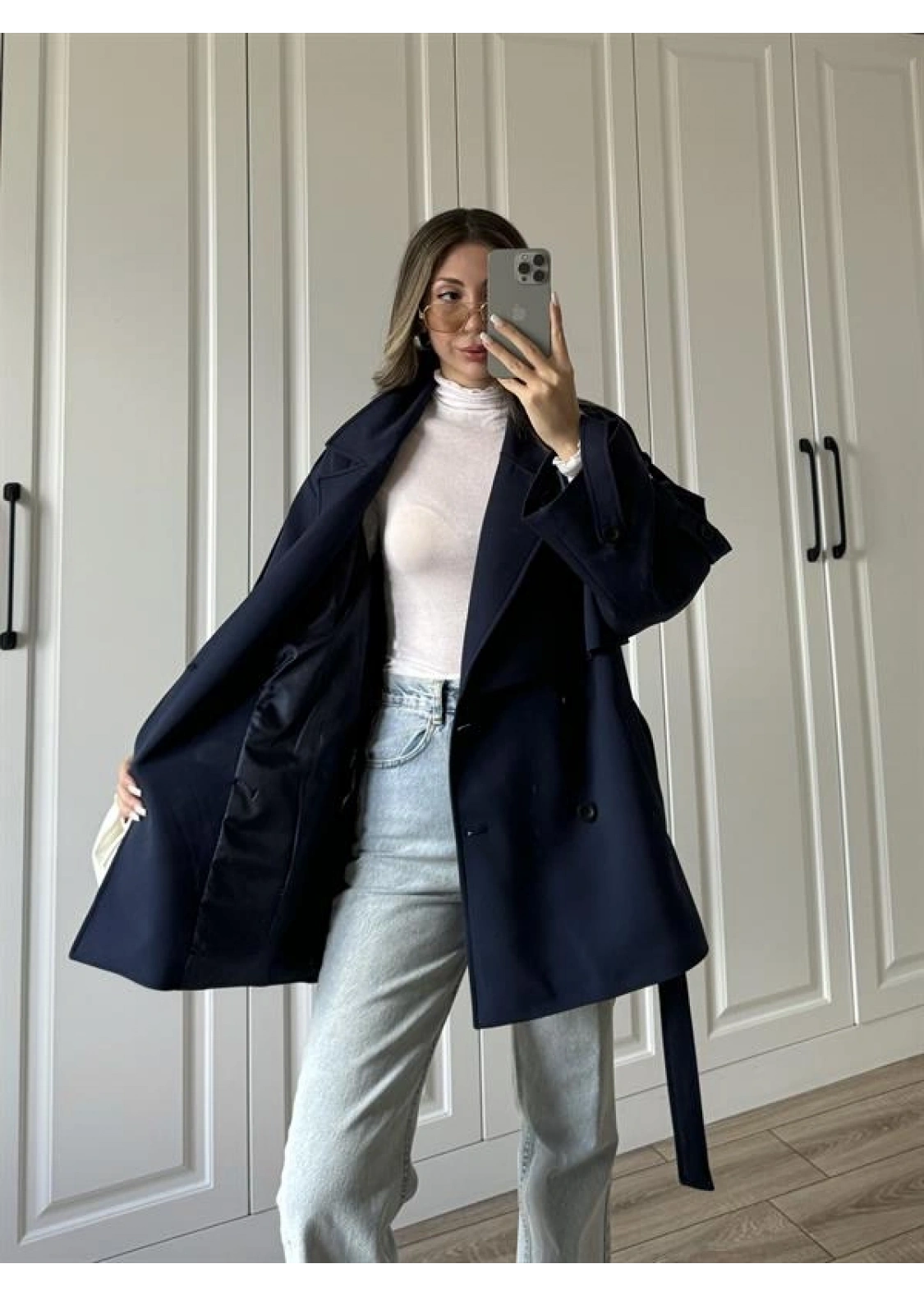 Rose Oversize Kuşaklı Lacivert Trençkot