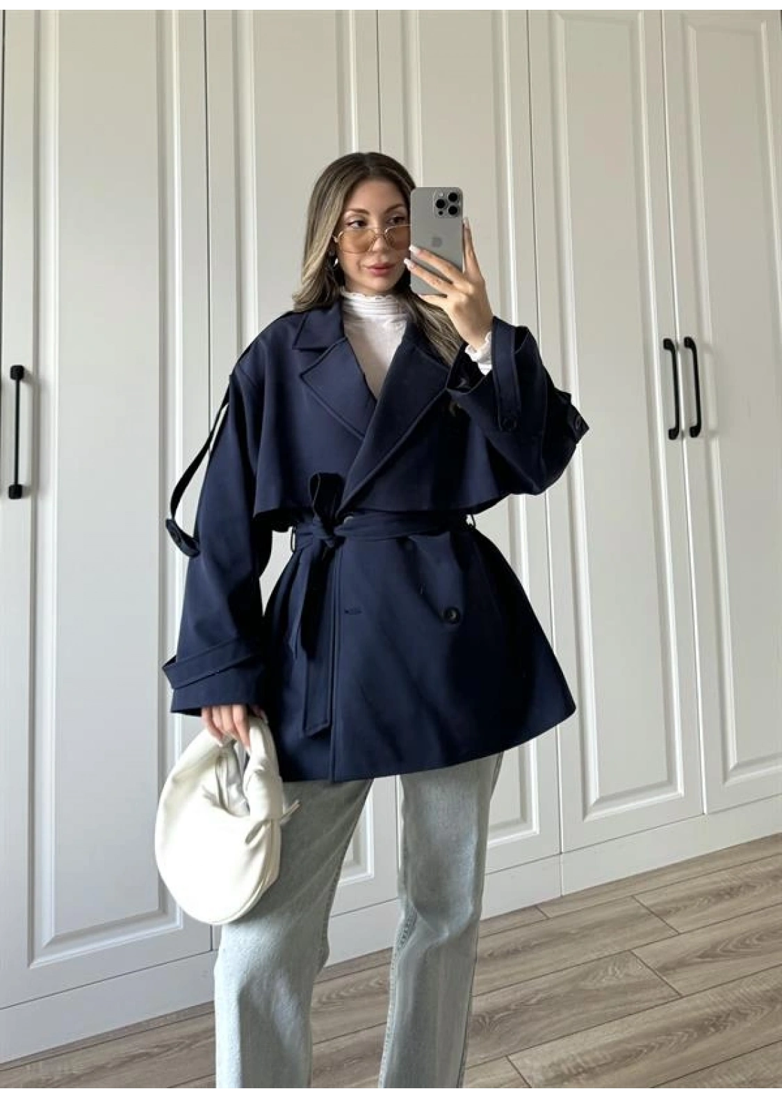 Rose Oversize Kuşaklı Lacivert Trençkot