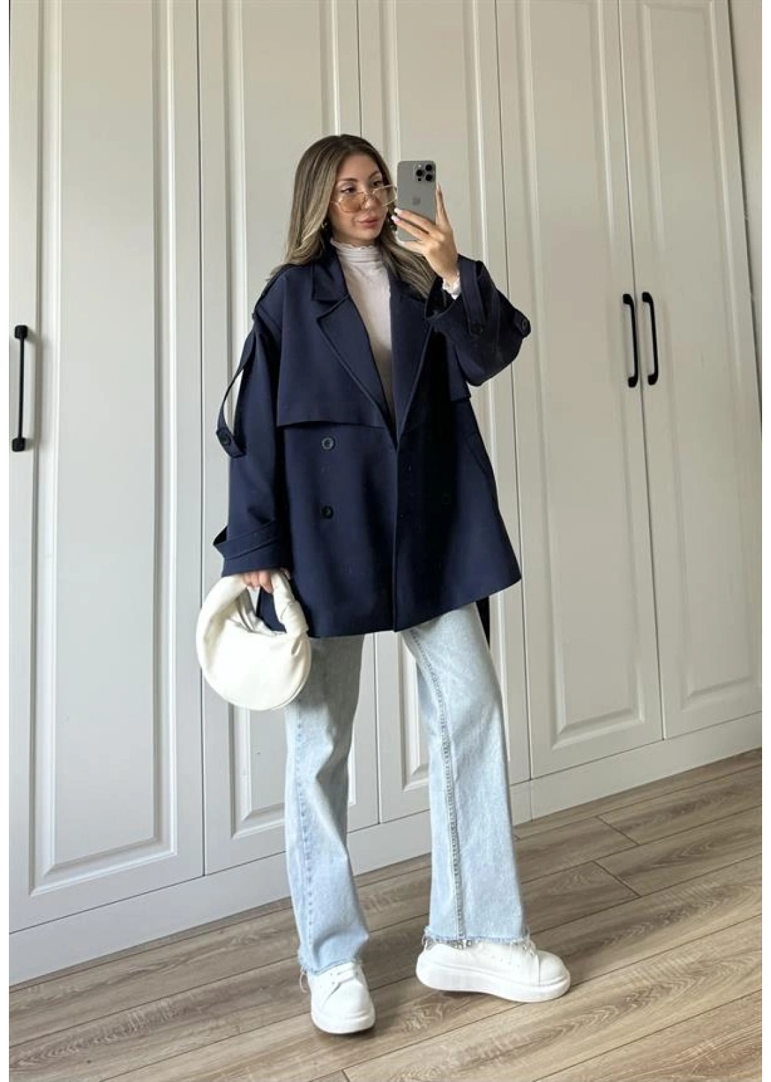 Rose Oversize Kuşaklı Lacivert Trençkot