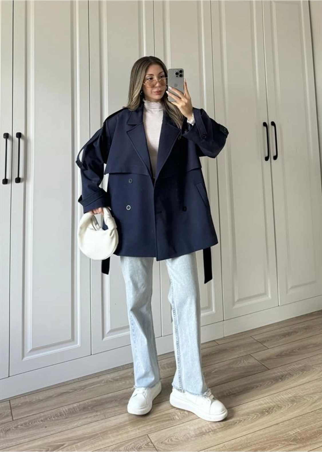 Rose Oversize Kuşaklı Lacivert Trençkot