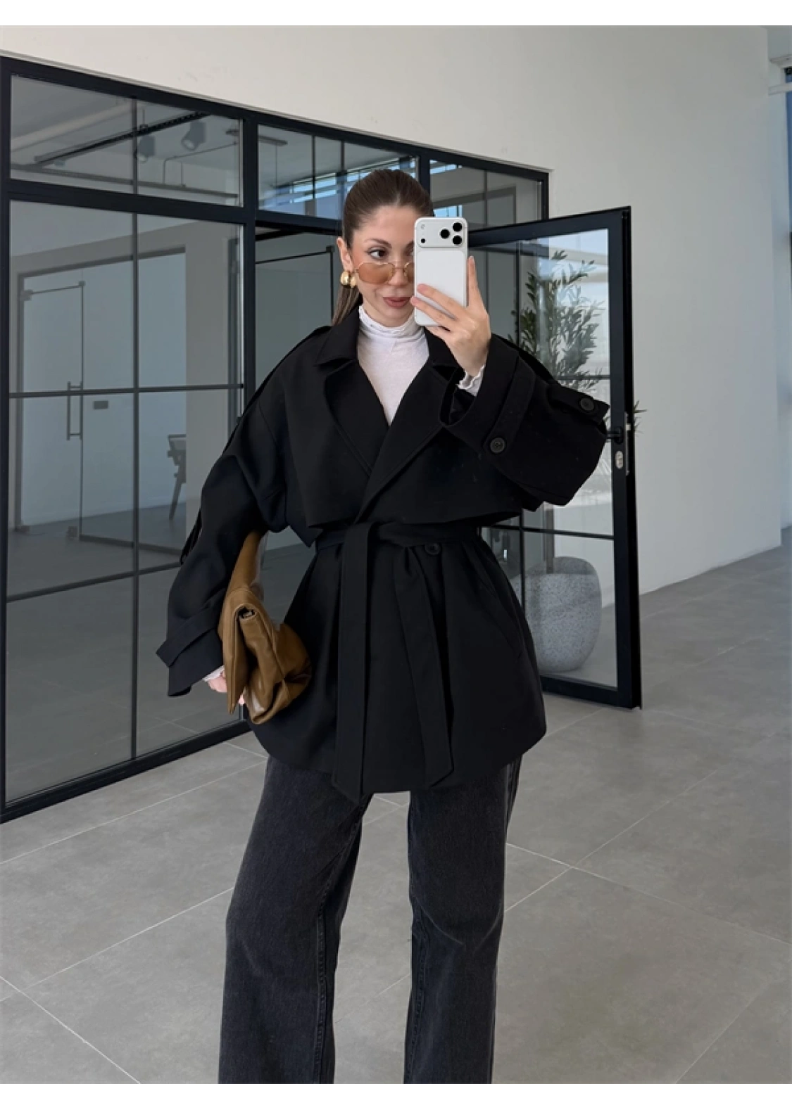 Rose Oversize Kuşaklı Siyah Trençkot