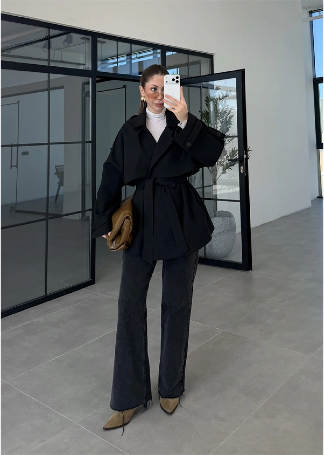 Rose Oversize Kuşaklı Siyah Trençkot