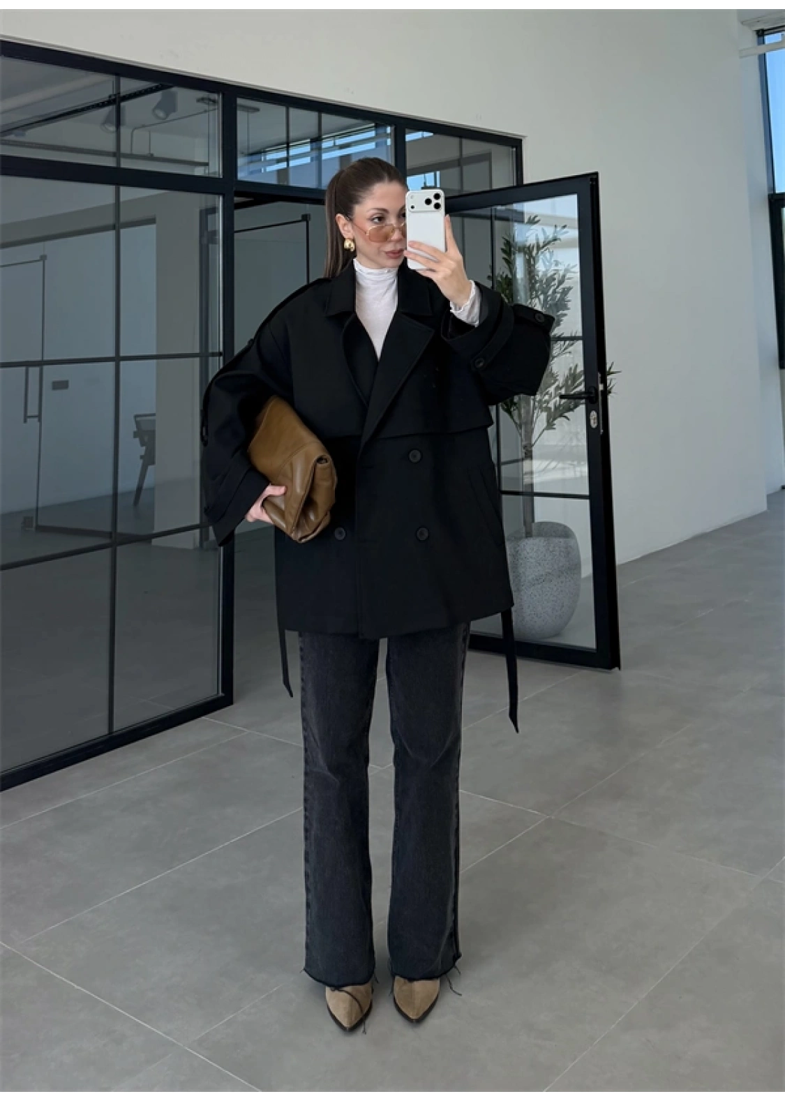 Rose Oversize Kuşaklı Siyah Trençkot